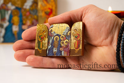 Small  Triptych wooden Icon with Baptism of Jesus Christ by St John the Baptist and and the Holy Theotokos , Greek Orthodox Icon.