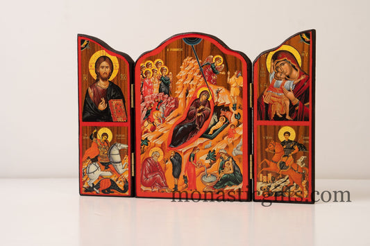 Triptych wooden Icon with  the Birth of Christ Holy Theotokos  and with many themes of Byzantine icons , Greek Orthodox Icon