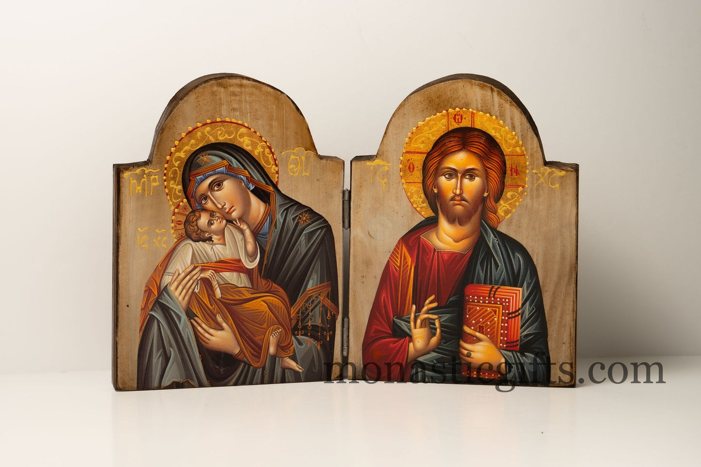 Diptych Handmade wooden Icon with Virgin Mary and the Jesus Christ  , Greek Orthodox Icon , Home Decor,Orthodox Gift