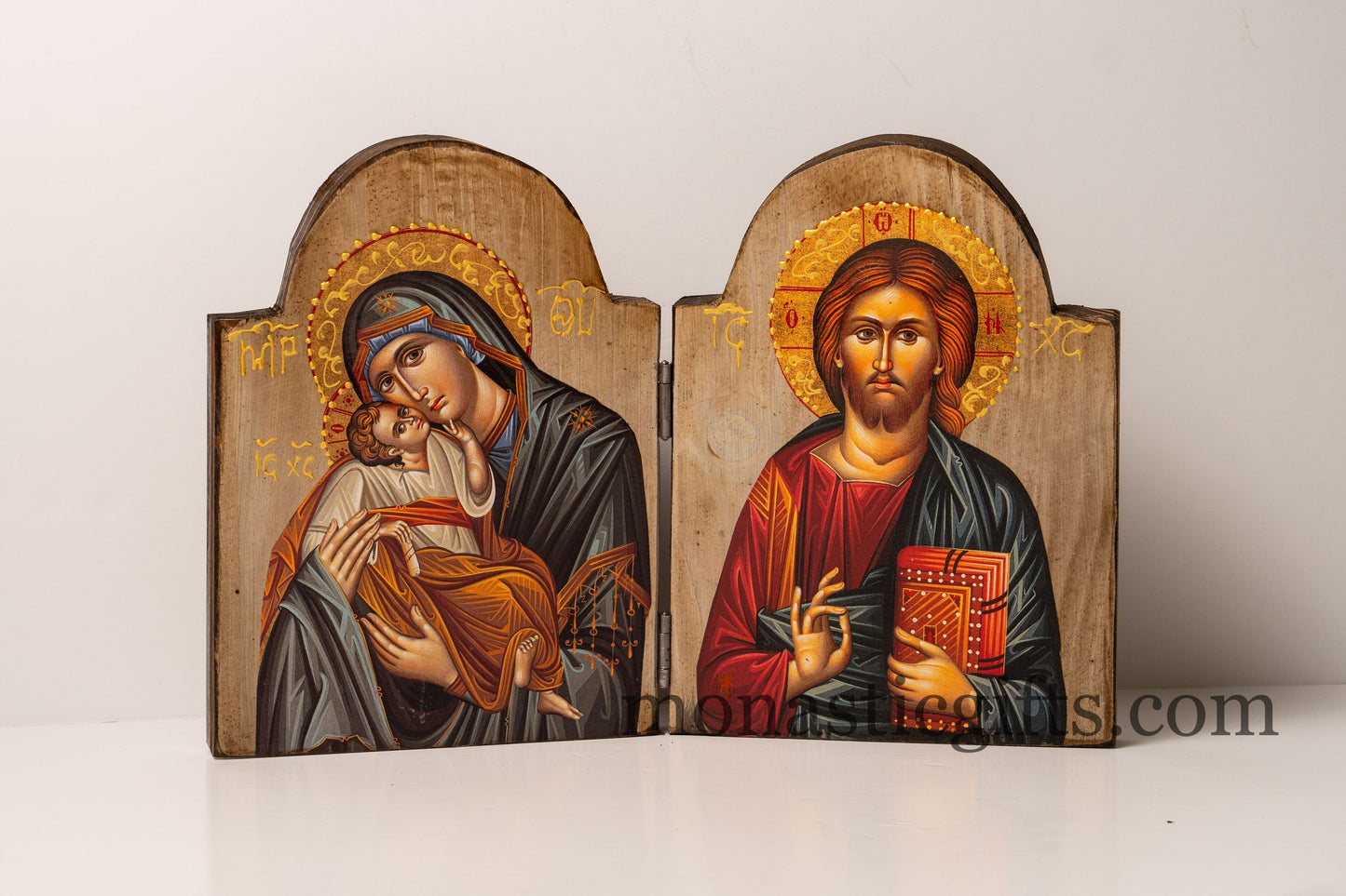 Diptych Handmade wooden Icon with Virgin Mary and the Jesus Christ  , Greek Orthodox Icon , Home Decor,Orthodox Gift