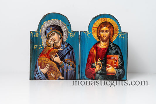 Diptych Handmade wooden Icon with Virgin Mary and the Jesus Christ in painted Blue backround  , Greek Orthodox Icon , Home Decor.