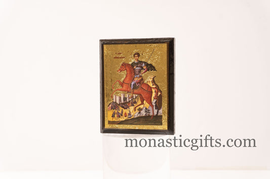 Handmade wooden Byzantine Orthodox refrigerator magnet icon of Saint Demetrios Dimitrios.