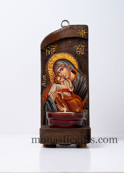 Iconostasis (Oil candle ) with Virgin Mary, Handmade Orthodox shrine with Theotokos,Byzantine altar wall hanging wood plaque.