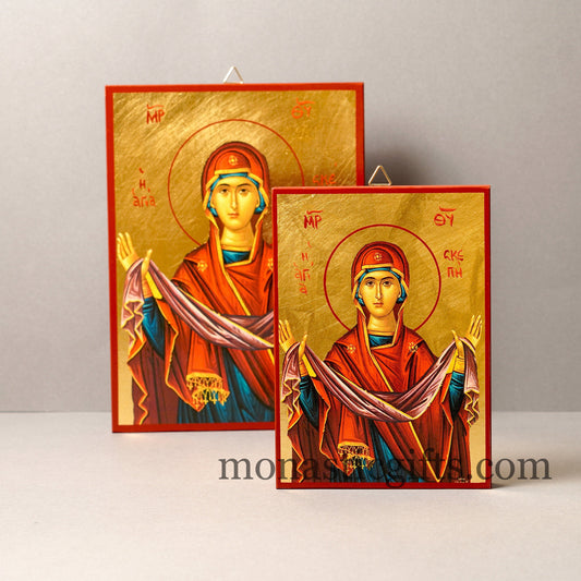 Virgin Holy Protection Skepe (Skepi), Orthodox icon , Byzantine icon of our Lord , art wall hanging on wood plaque amazing idea for gift.