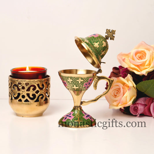 Incense Burner made from Brass with Green and Red enamel coating, Original Big and Heavy (250gr) Handmade - With free Gifts