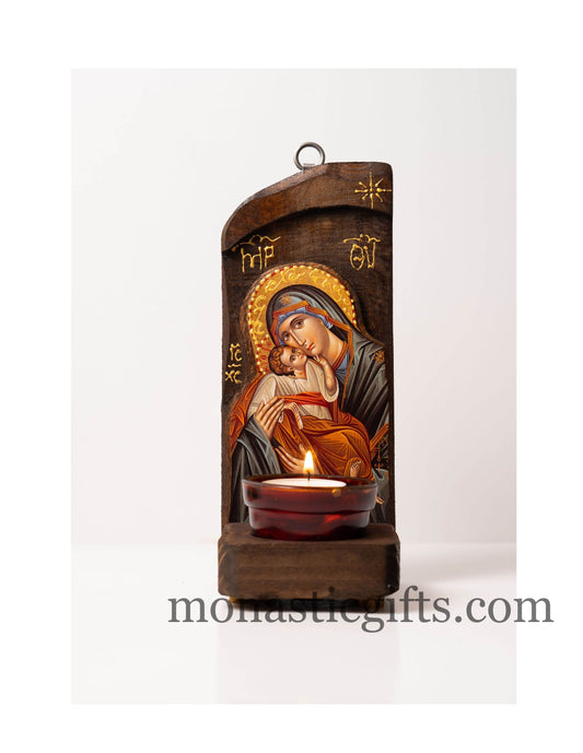 Iconostasis (Oil candle ) with Virgin Mary, Handmade Orthodox shrine with Theotokos,Byzantine altar wall hanging wood plaque.