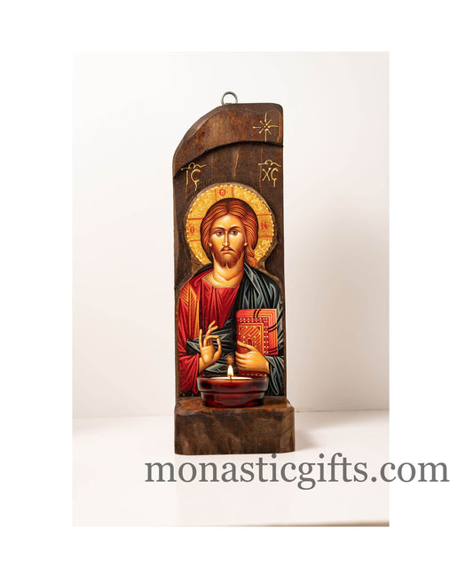 Iconostasis (Oil candle ) with Jesus Christ, Handmade Orthodox shrine with Theotokos,Byzantine altar wall hanging wood plaque.