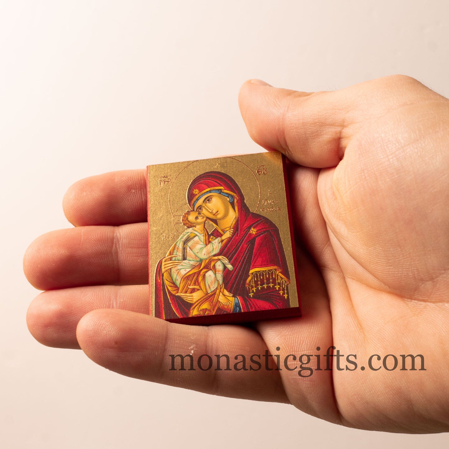 Small Wooden Orthodox icon with amazing details of Virgin Mary (Sweet kiss) In Golden leaf, wall hanging in a gift box ready to give.