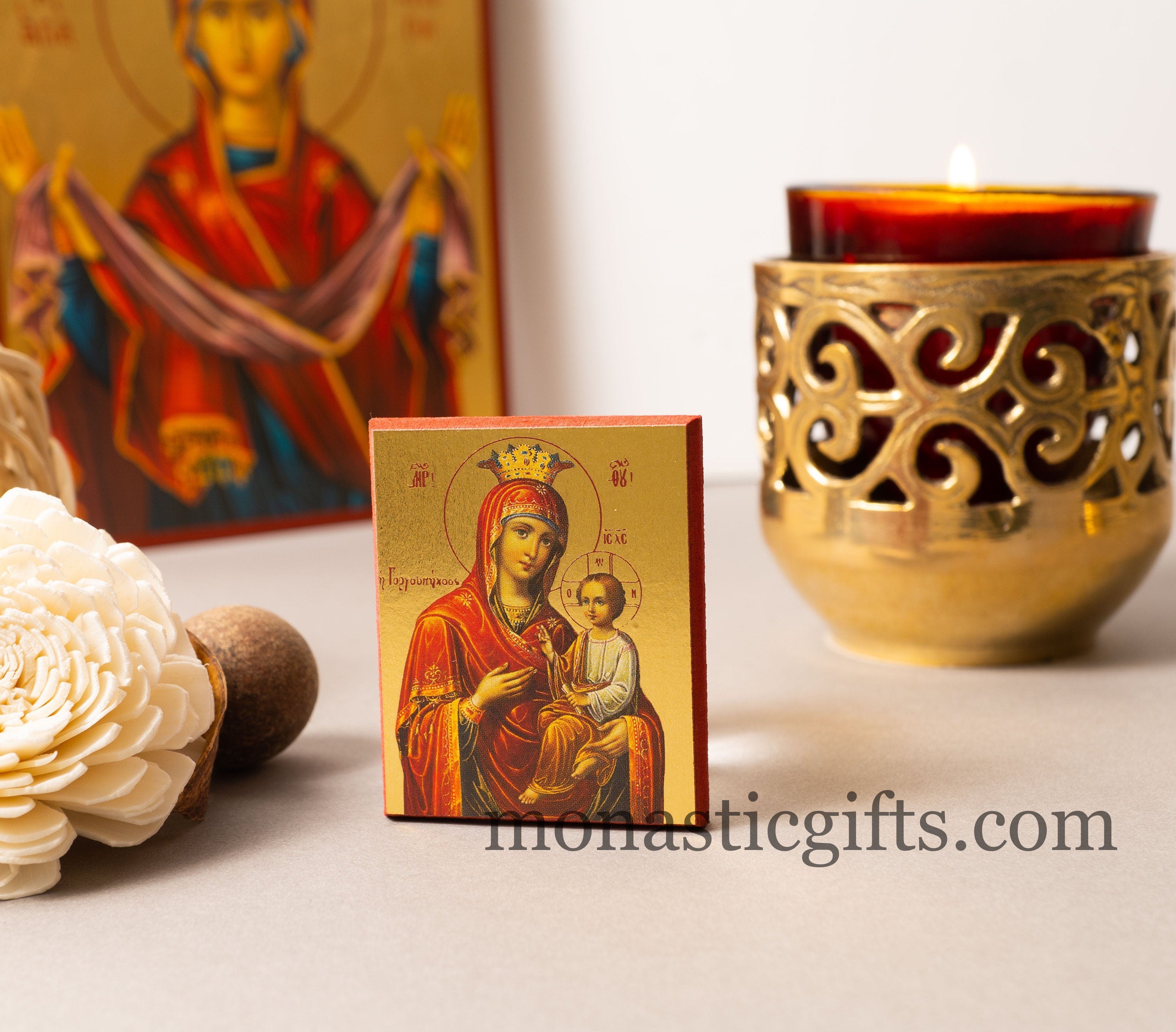 Small Wooden Orthodox icon with amazing details of Virgin Mary In Gold ...