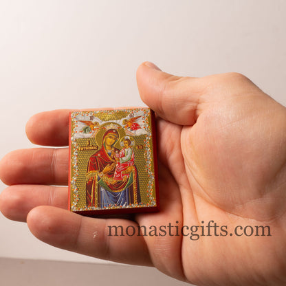 Small Wooden Orthodox icon with amazing details of Virgin Mary (Gorgoipikoos) In Golden leaf, wall hanging amazing idea for orthodox gift.