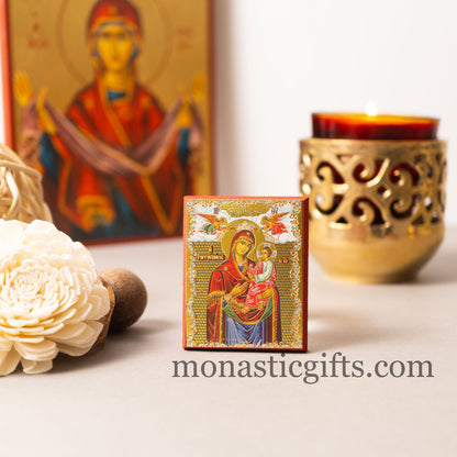 Small Wooden Orthodox icon with amazing details of Virgin Mary (Gorgoipikoos) In Golden leaf, wall hanging amazing idea for orthodox gift.