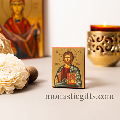 Small Wooden Orthodox icon with amazing details of Jesus Christ (Pantokrator) In Golden leaf, wall hanging amazing idea for orthodox gift.