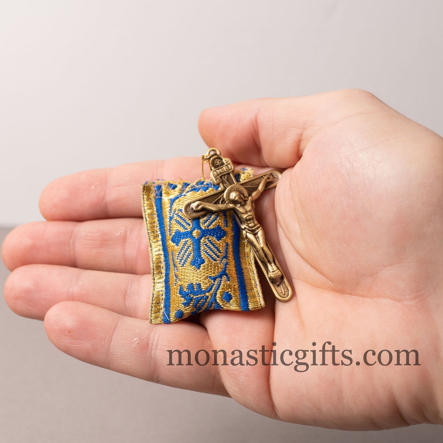 Amulet (Large) Rectangular pendant with crucifixion and Blue cross embroidery and gold thread - Filakto, Filaxto Orthodox lucky charm