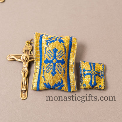 Amulet (Large) Rectangular pendant with crucifixion and Blue cross embroidery and gold thread - Filakto, Filaxto Orthodox lucky charm