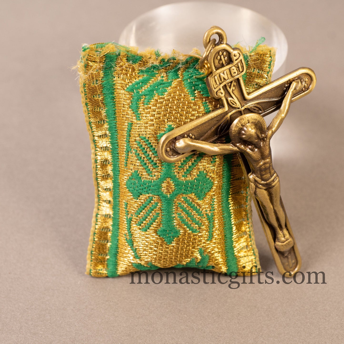 Amulet (Large) Rectangular pendant with crucifixion and Green cross embroidery and gold thread - Filakto, Filaxto Orthodox lucky charm