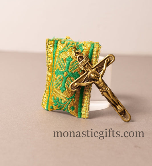 Amulet (Large) Rectangular pendant with crucifixion and Green cross embroidery and gold thread - Filakto, Filaxto Orthodox lucky charm