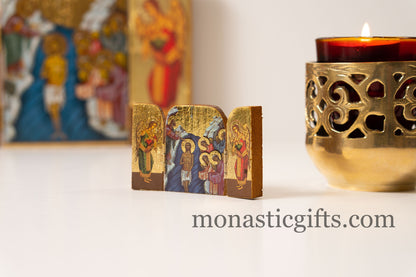 Small  Triptych wooden Icon with Baptism of Jesus Christ by St John the Baptist and and the Holy Theotokos , Greek Orthodox Icon.