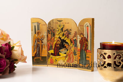 Triptych wooden Icon with the Birth of Christ and the Holy Theotokos , Greek Orthodox Icon , Home Decor,Orthodox Gift