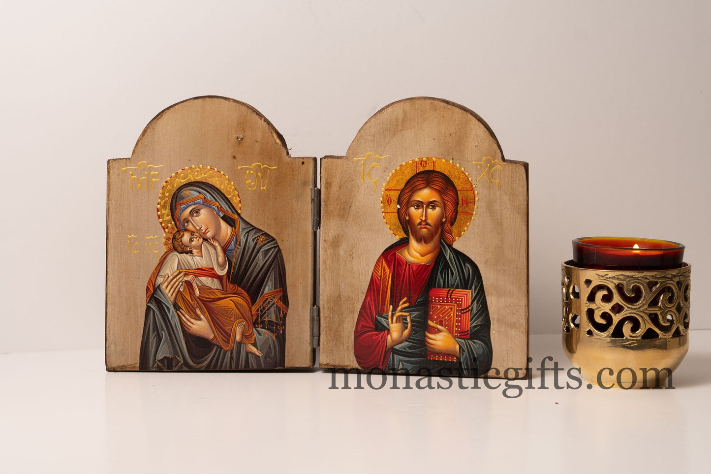 Diptych Handmade wooden Icon with Virgin Mary and the Jesus Christ  , Greek Orthodox Icon , Home Decor,Orthodox Gift