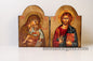 Diptych Handmade wooden Icon with Virgin Mary and the Jesus Christ in painted golden backround  , Greek Orthodox Icon , Home Decor.