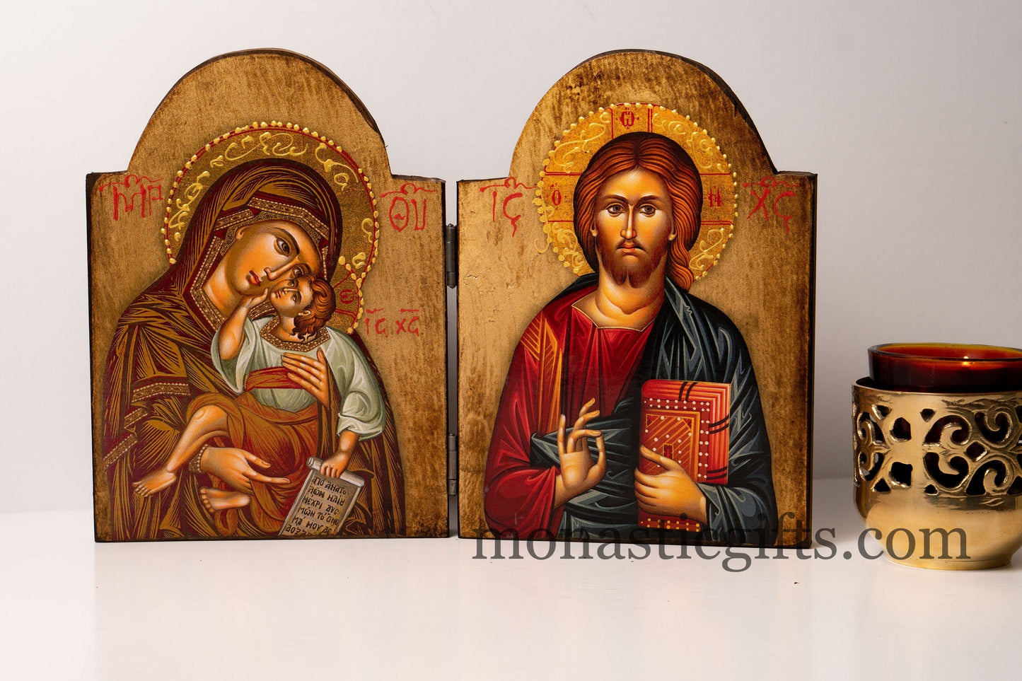 Diptych Handmade wooden Icon with Virgin Mary and the Jesus Christ in painted golden backround  , Greek Orthodox Icon , Home Decor.