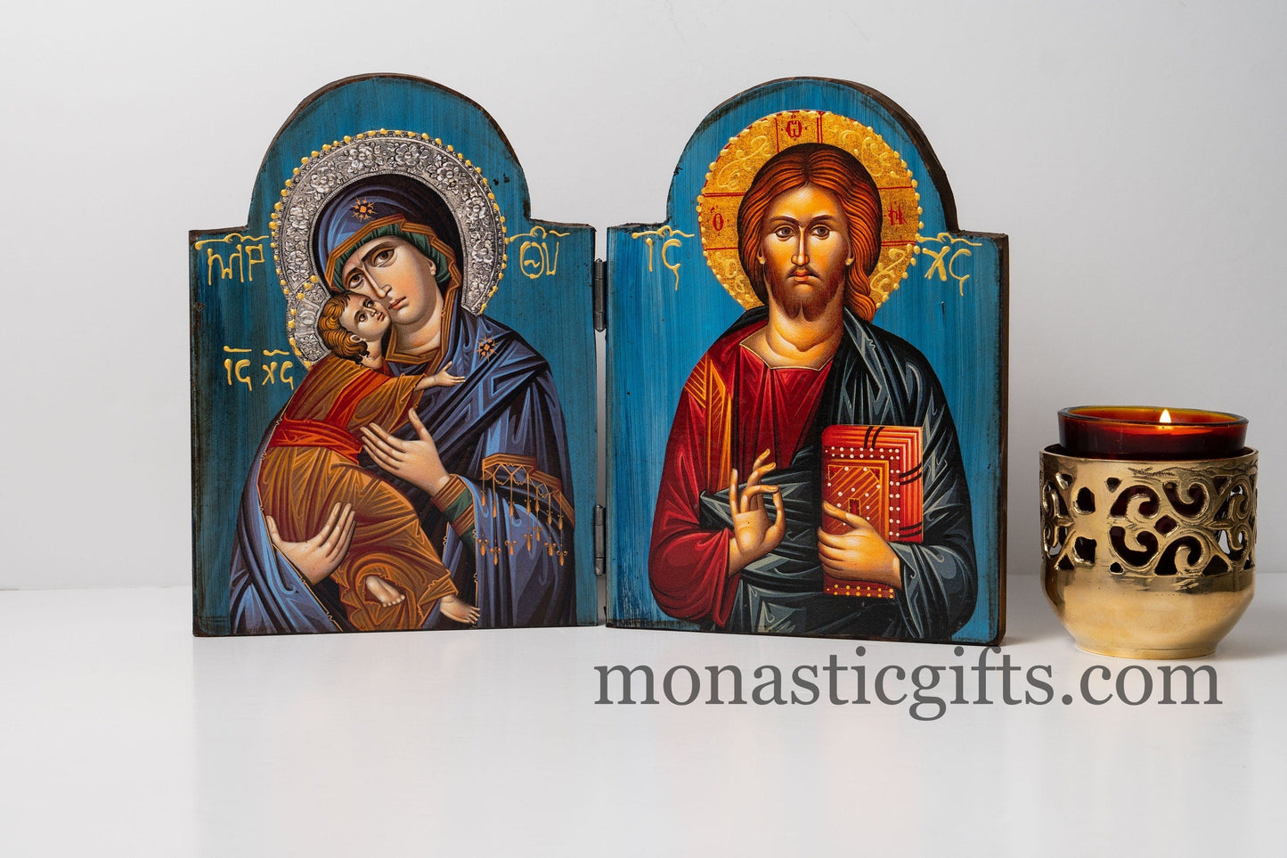 Diptych Handmade wooden Icon with Virgin Mary and the Jesus Christ in painted Blue backround  , Greek Orthodox Icon , Home Decor.