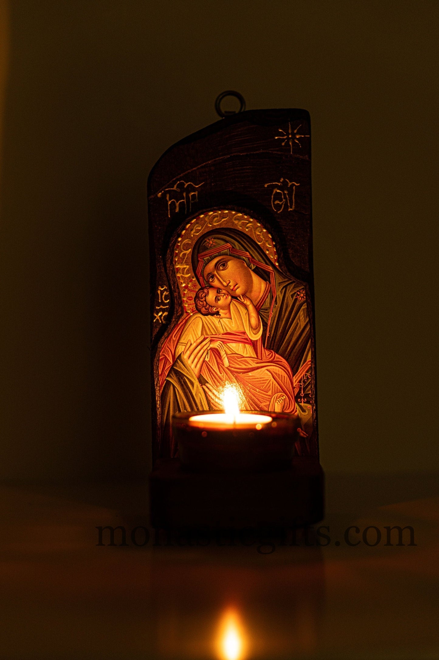 Iconostasis (Oil candle ) with Virgin Mary, Handmade Orthodox shrine with Theotokos,Byzantine altar wall hanging wood plaque.