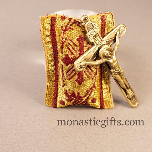 Amulet (Large) Rectangular pendant with crucifixion and crimson cross embroidery and gold thread - Filakto, Filaxto Orthodox lucky charm