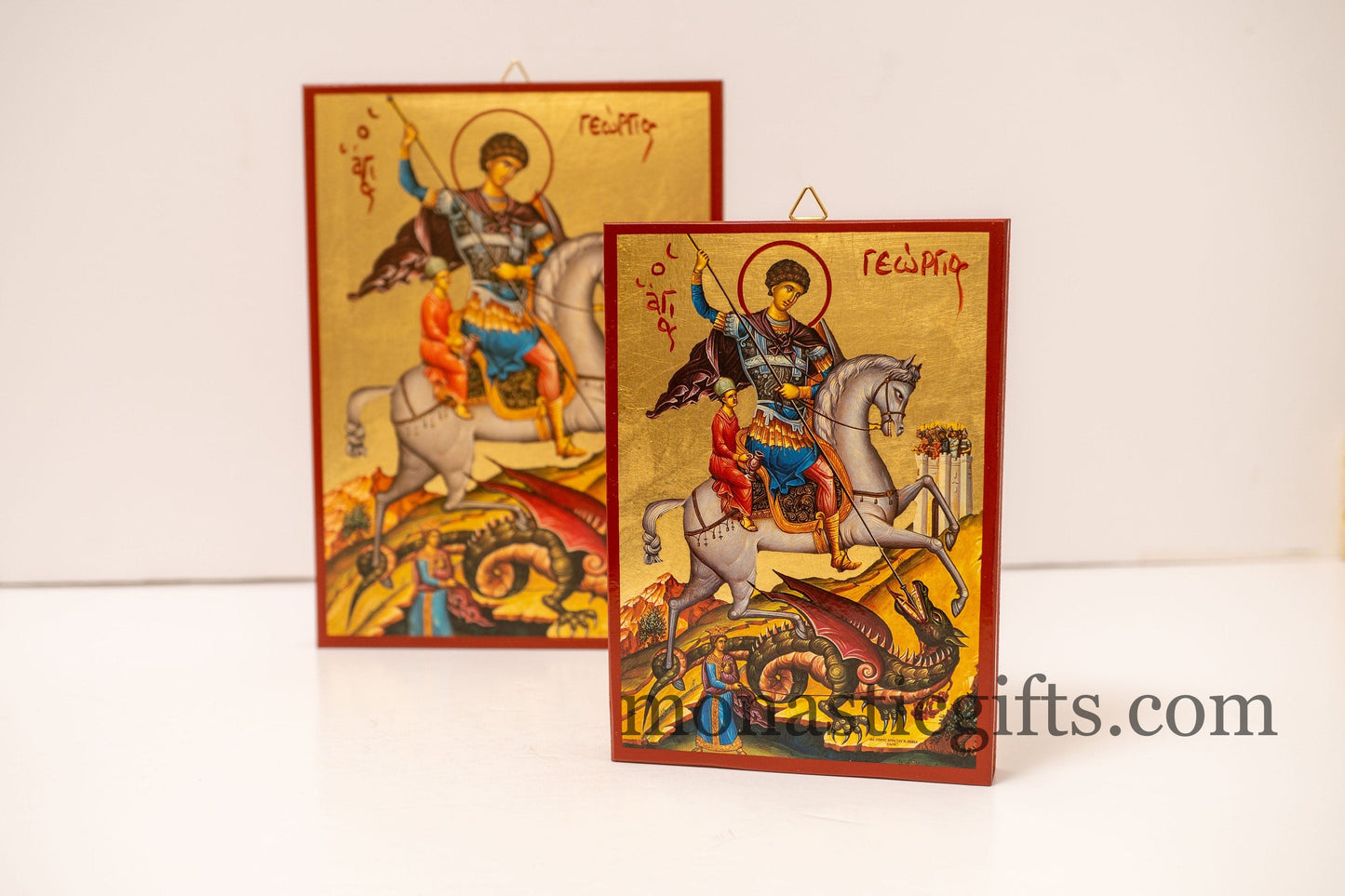 Saint George (Γεωργιος) the Great Martyr on horseback, Byzantine icon of our Lord , art wall hanging on wood plaque in Golden Leaf..