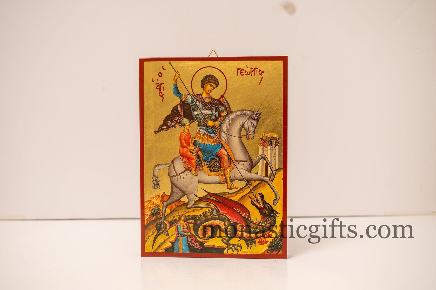 Saint George (Γεωργιος) the Great Martyr on horseback, Byzantine icon of our Lord , art wall hanging on wood plaque in Golden Leaf..