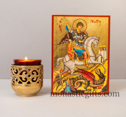 Saint George (Γεωργιος) the Great Martyr on horseback, Byzantine icon of our Lord , art wall hanging on wood plaque in Golden Leaf..