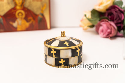 Round brass box with mother of pearl (Sea shell) - Jewelry box a perfect Christian Gift