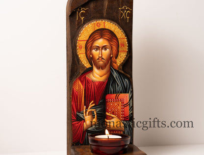 Iconostasis (Oil candle ) with Jesus Christ, Handmade Orthodox shrine with Theotokos,Byzantine altar wall hanging wood plaque.