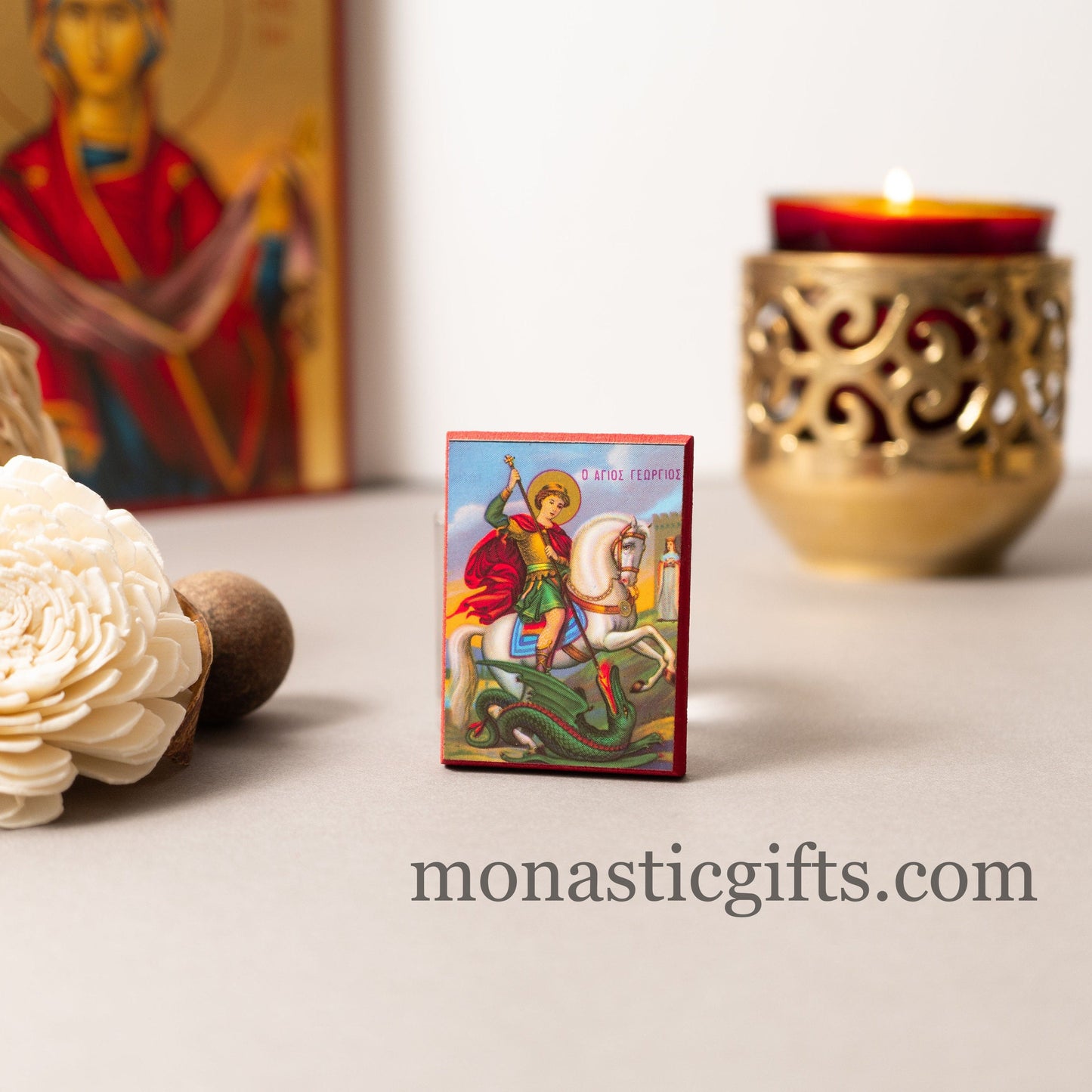 Small Wooden Orthodox icon with Saint George (Γεωργιος) , Neoclassical icon , art wall hanging amazing idea for orthodox gift.