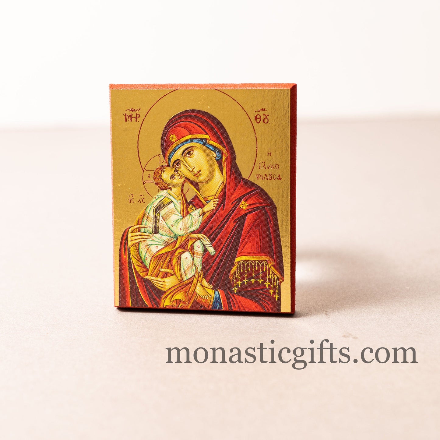 Small Wooden Orthodox icon with amazing details of Virgin Mary (Sweet kiss) In Golden leaf, wall hanging in a gift box ready to give.