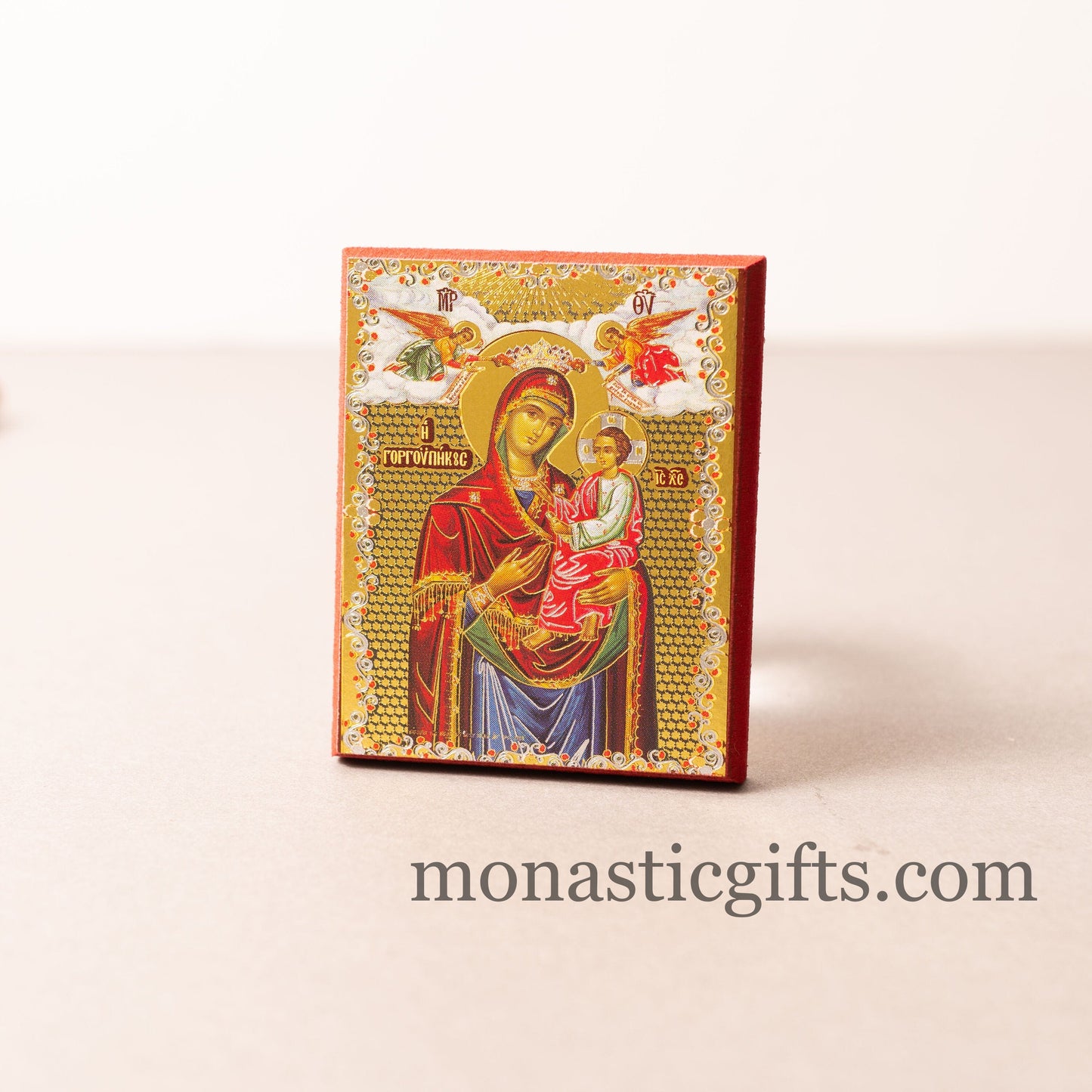 Small Wooden Orthodox icon with amazing details of Virgin Mary (Gorgoipikoos) In Golden leaf, wall hanging amazing idea for orthodox gift.