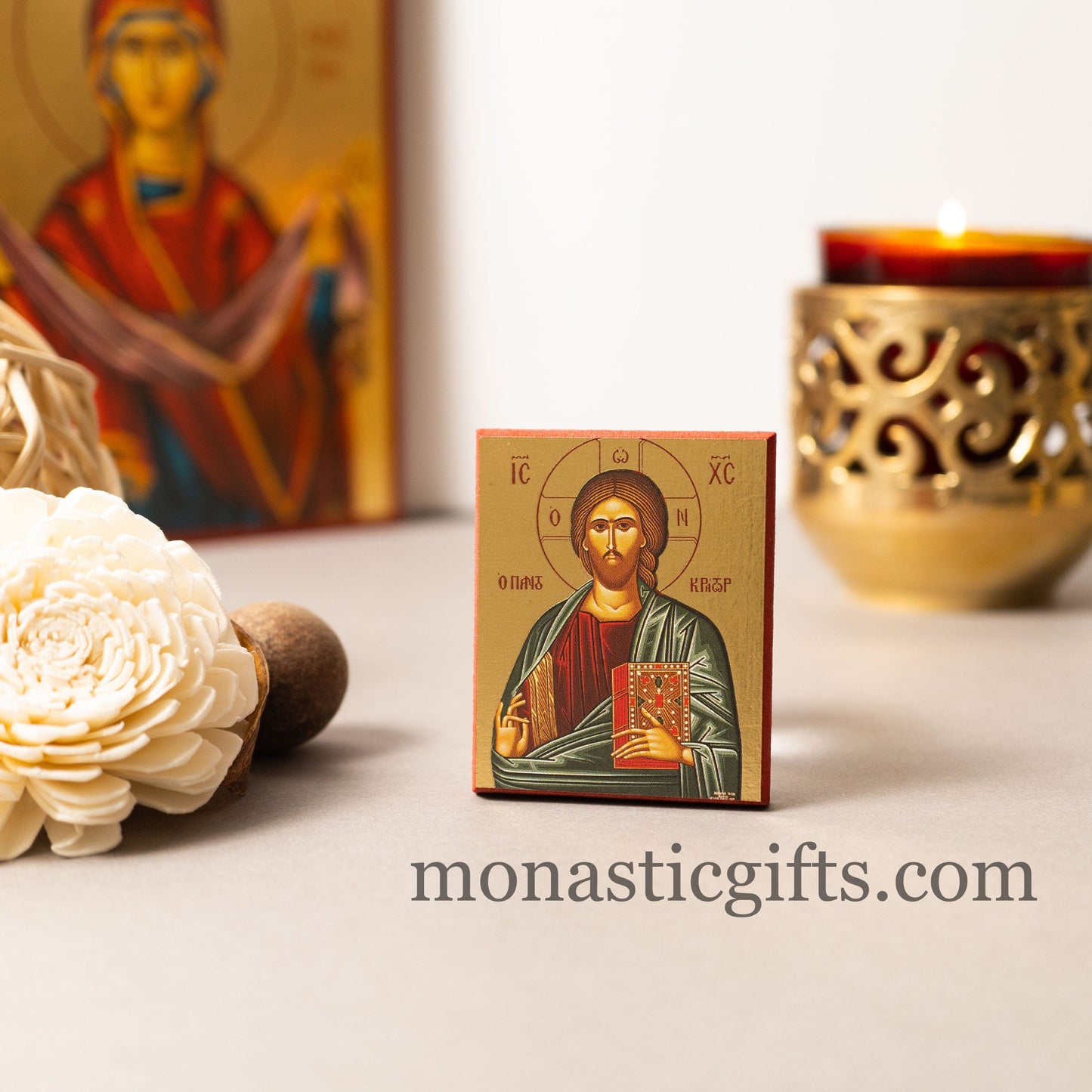 Small Wooden Orthodox icon with amazing details of Jesus Christ (Pantokrator) In Golden leaf, wall hanging amazing idea for orthodox gift.