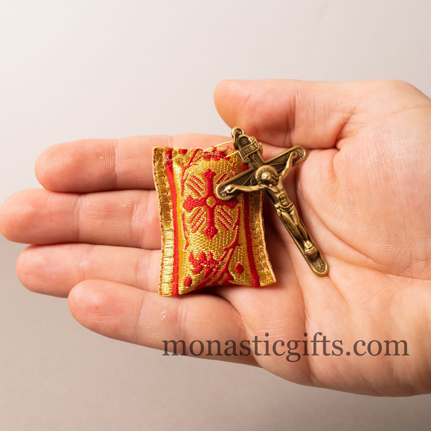 Amulet (Large) Rectangular pendant with crucifixion and Red cross embroidery and gold thread - Filakto, Filaxto Orthodox lucky charm