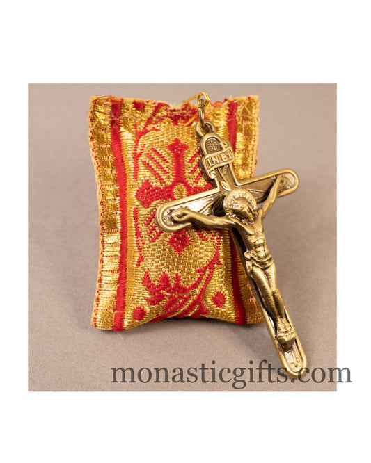 Amulet (Large) Rectangular pendant with crucifixion and Red cross embroidery and gold thread - Filakto, Filaxto Orthodox lucky charm