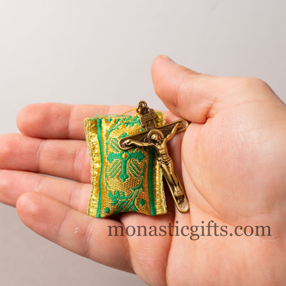 Amulet (Large) Rectangular pendant with crucifixion and Green cross embroidery and gold thread - Filakto, Filaxto Orthodox lucky charm