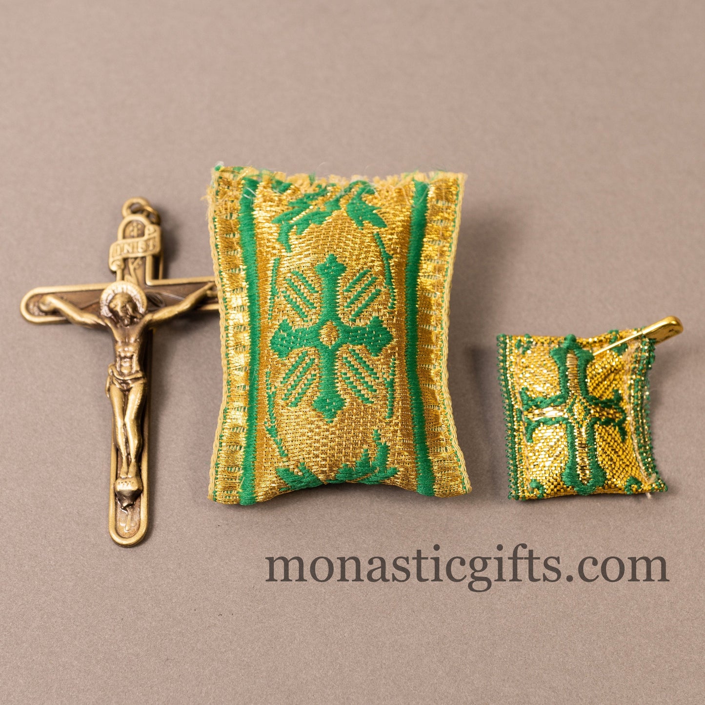 Amulet (Large) Rectangular pendant with crucifixion and Green cross embroidery and gold thread - Filakto, Filaxto Orthodox lucky charm