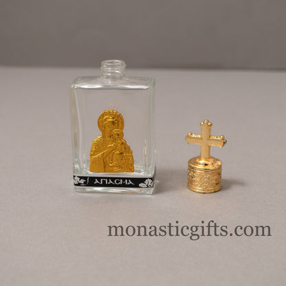 Holy Water Glass  Bottle With metal colored Gold Theotokos Icon and  screw cap with cross Orthodox Gift