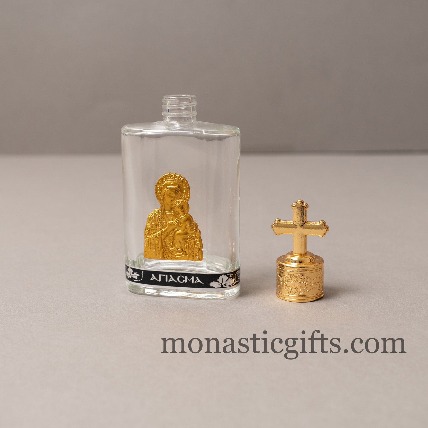 Orthodox Holy Water Glass Bottle with Gold-Tone Theotokos Icon — Rounded Corner Travel Flask with Cross Screw Cap
