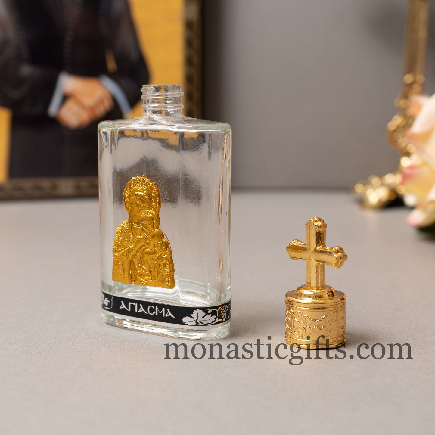 Orthodox Holy Water Glass Bottle with Gold-Tone Theotokos Icon — Rounded Corner Travel Flask with Cross Screw Cap