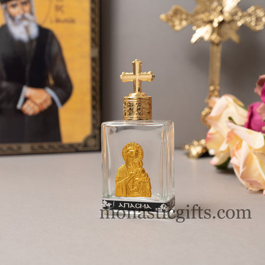 Holy Water Glass  Bottle With metal colored Gold Theotokos Icon and  screw cap with cross Orthodox Gift