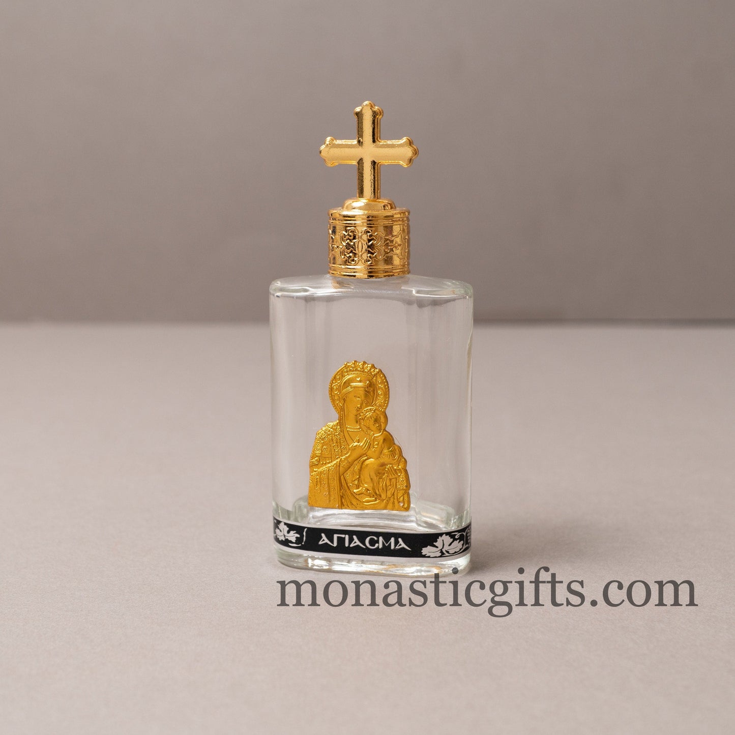 Orthodox Holy Water Glass Bottle with Gold-Tone Theotokos Icon — Rounded Corner Travel Flask with Cross Screw Cap