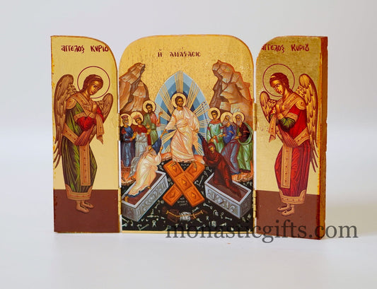 Triptych wooden Icon with Resurrection of Jesus Christ With Archangels Michael and the Holy Theotokos , Greek Orthodox Icon