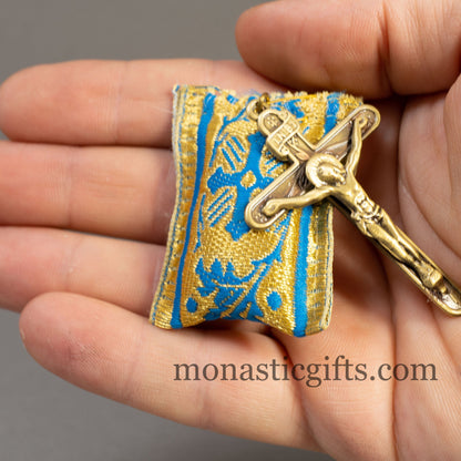 Amulet (Large) Rectangular pendant with crucifixion and Light Blue cross embroidery and gold thread - Filakto, Filaxto Orthodox lucky charm