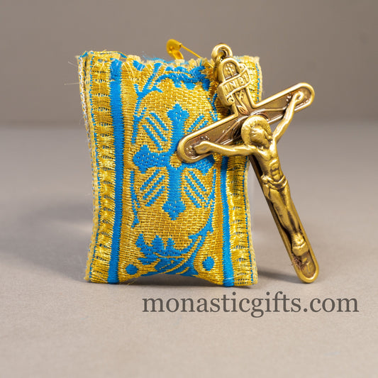 Amulet (Large) Rectangular pendant with crucifixion and Light Blue cross embroidery and gold thread - Filakto, Filaxto Orthodox lucky charm