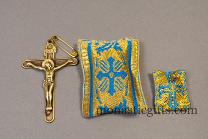 Amulet (Large) Rectangular pendant with crucifixion and Light Blue cross embroidery and gold thread - Filakto, Filaxto Orthodox lucky charm